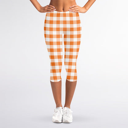 Orange And White Gingham Pattern Print Women's Capri Leggings