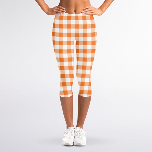 Orange And White Gingham Pattern Print Women's Capri Leggings