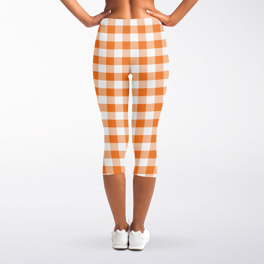 Orange And White Gingham Pattern Print Women's Capri Leggings