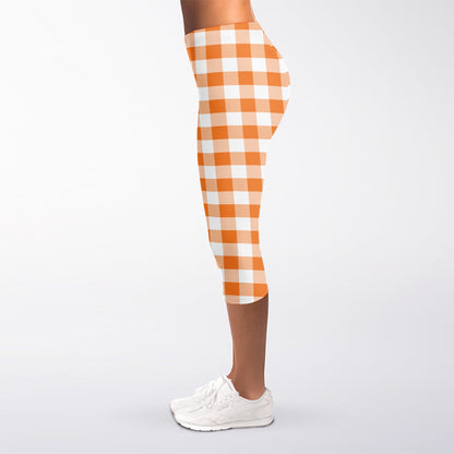 Orange And White Gingham Pattern Print Women's Capri Leggings