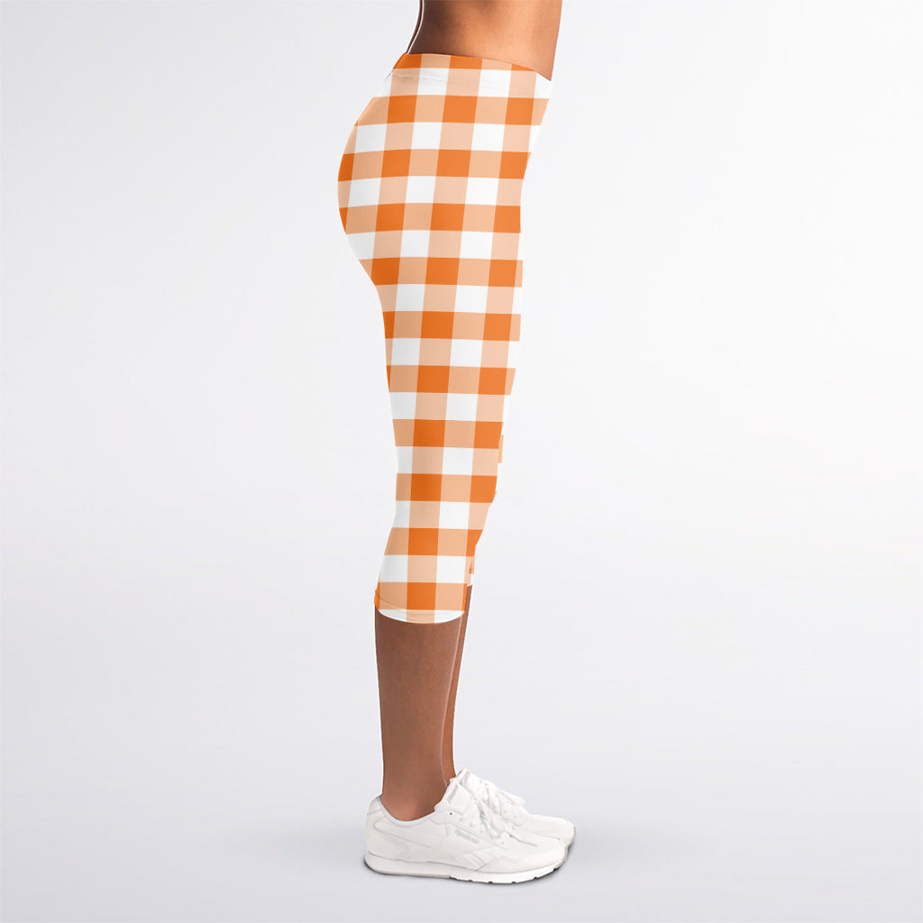 Orange And White Gingham Pattern Print Women's Capri Leggings