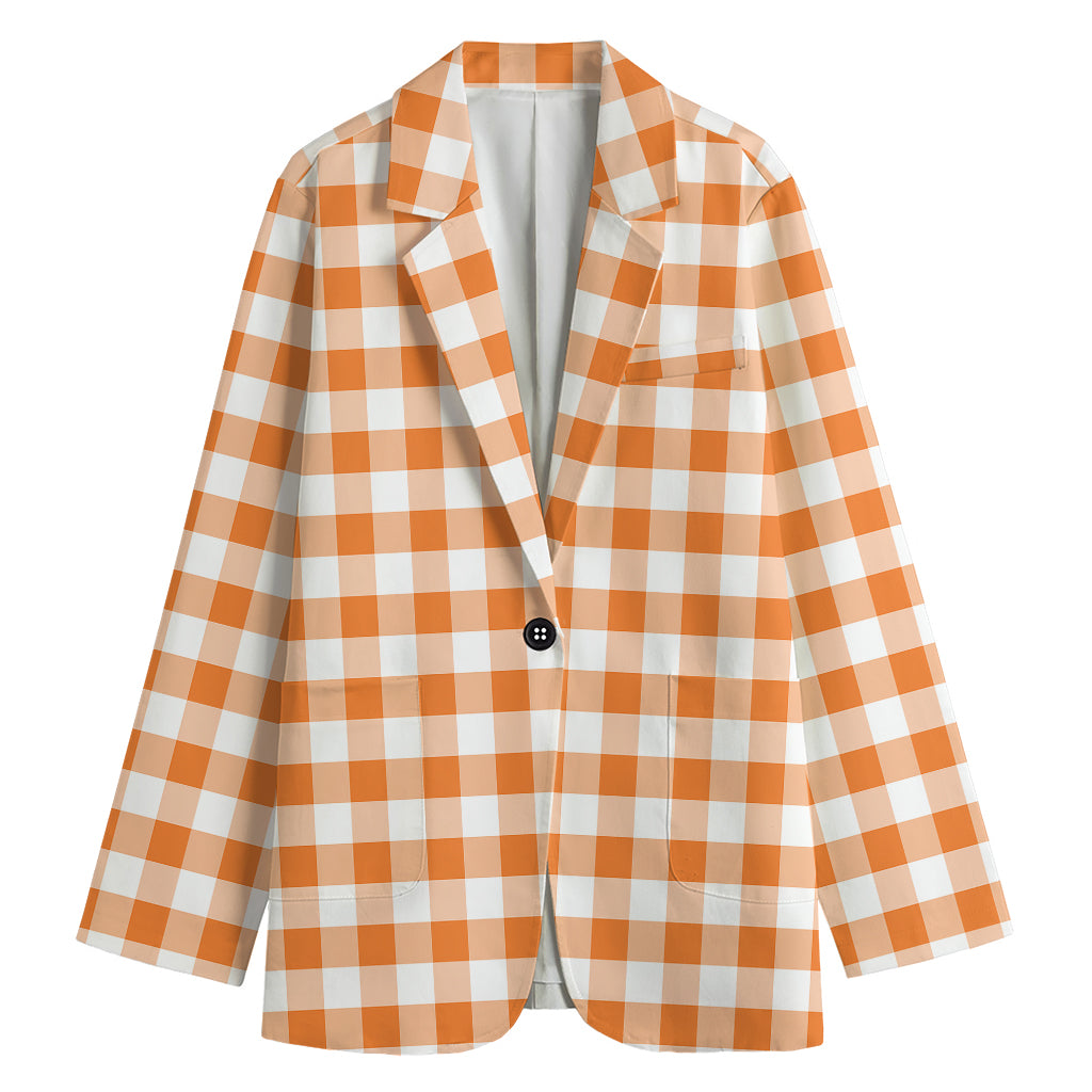 Orange And White Gingham Pattern Print Women's Cotton Blazer