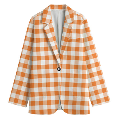 Orange And White Gingham Pattern Print Women's Cotton Blazer