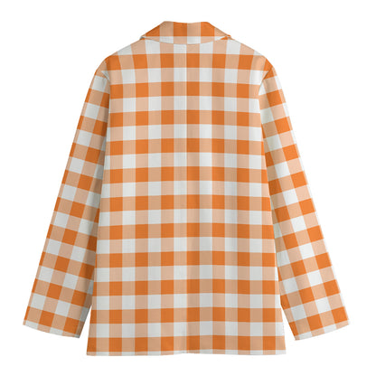 Orange And White Gingham Pattern Print Women's Cotton Blazer