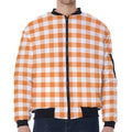 Orange And White Gingham Pattern Print Zip Sleeve Bomber Jacket