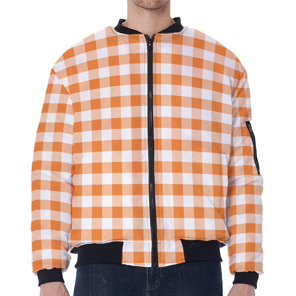 Orange And White Gingham Pattern Print Zip Sleeve Bomber Jacket