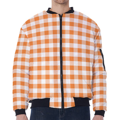 Orange And White Gingham Pattern Print Zip Sleeve Bomber Jacket