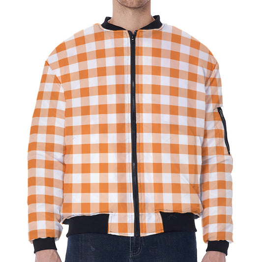 Orange And White Gingham Pattern Print Zip Sleeve Bomber Jacket