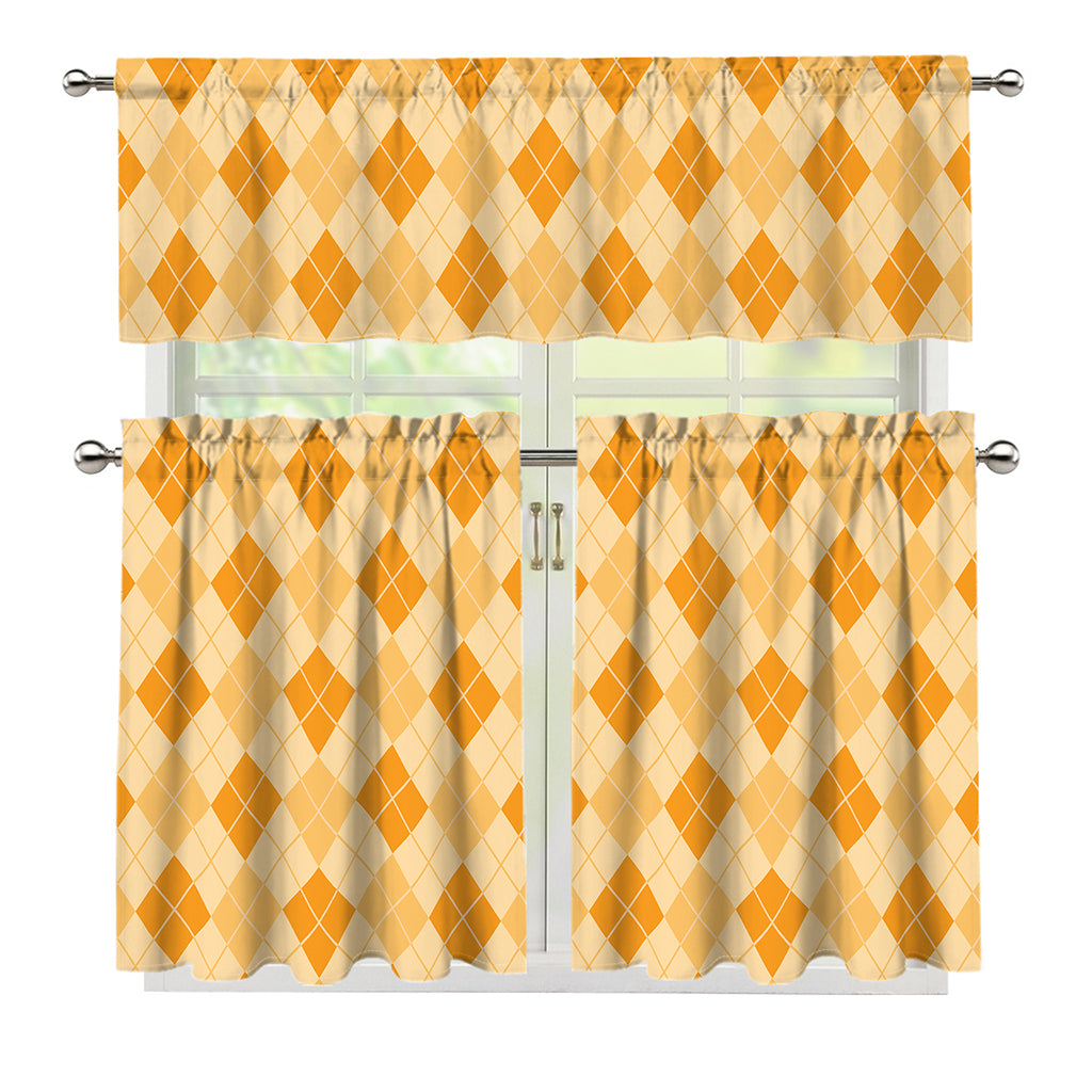 Orange Argyle Pattern Print 3 Piece Kitchen Curtains
