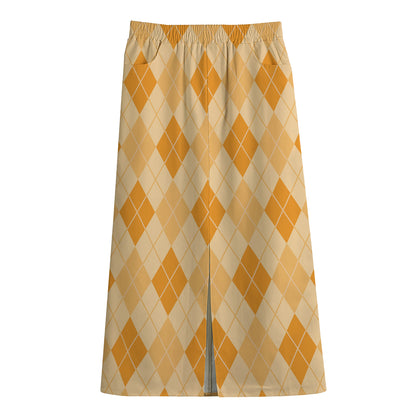 Orange Argyle Pattern Print Cotton Front Slit Maxi Skirt