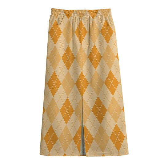 Orange Argyle Pattern Print Cotton Front Slit Maxi Skirt