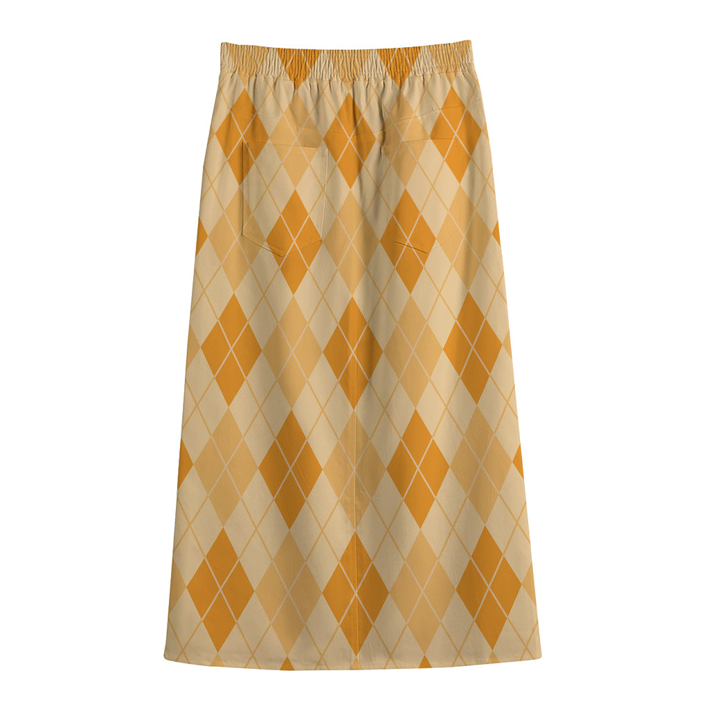 Orange Argyle Pattern Print Cotton Front Slit Maxi Skirt