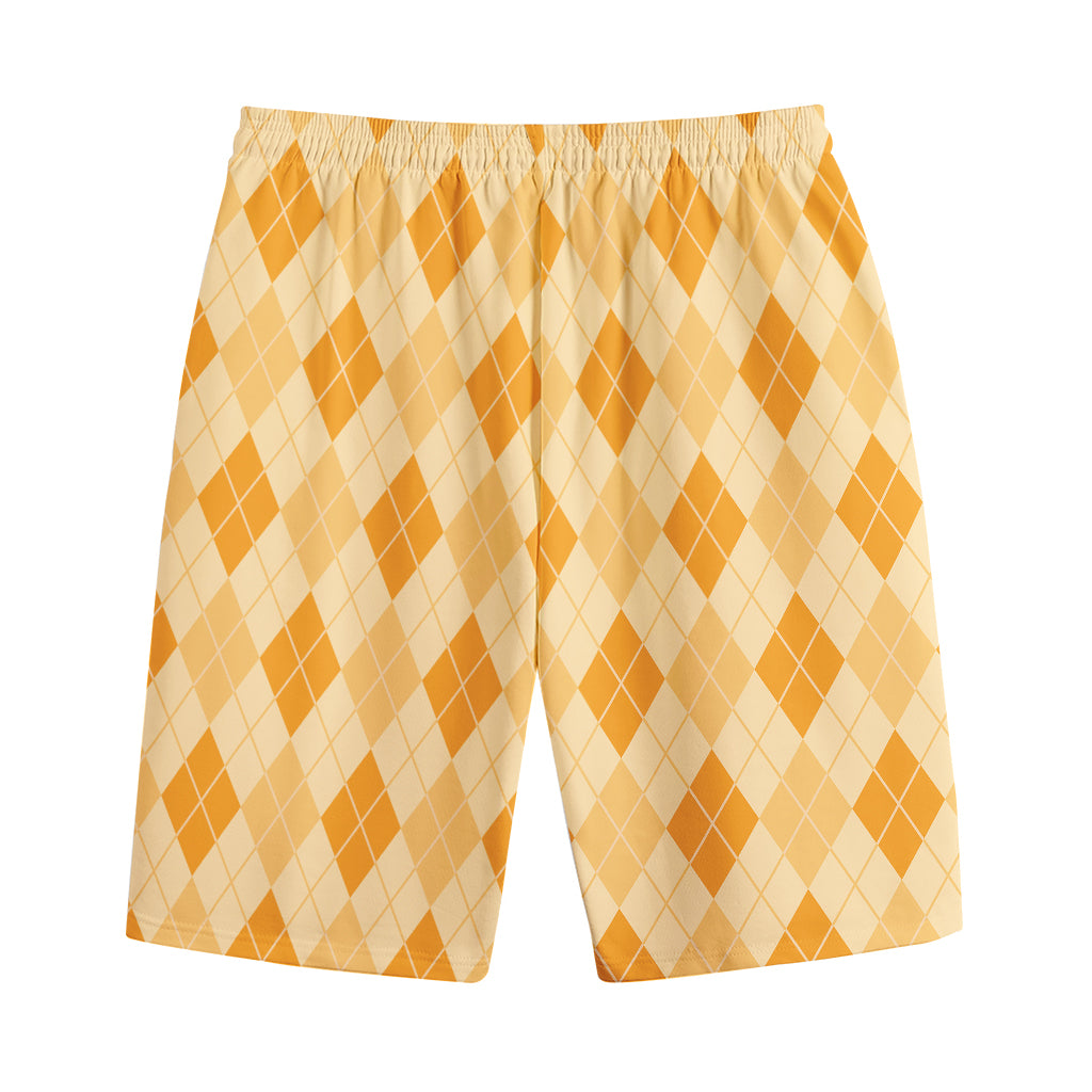 Orange Argyle Pattern Print Cotton Shorts