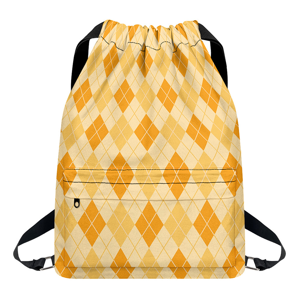 Orange Argyle Pattern Print Drawstring Backpack