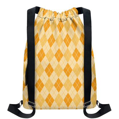 Orange Argyle Pattern Print Drawstring Backpack