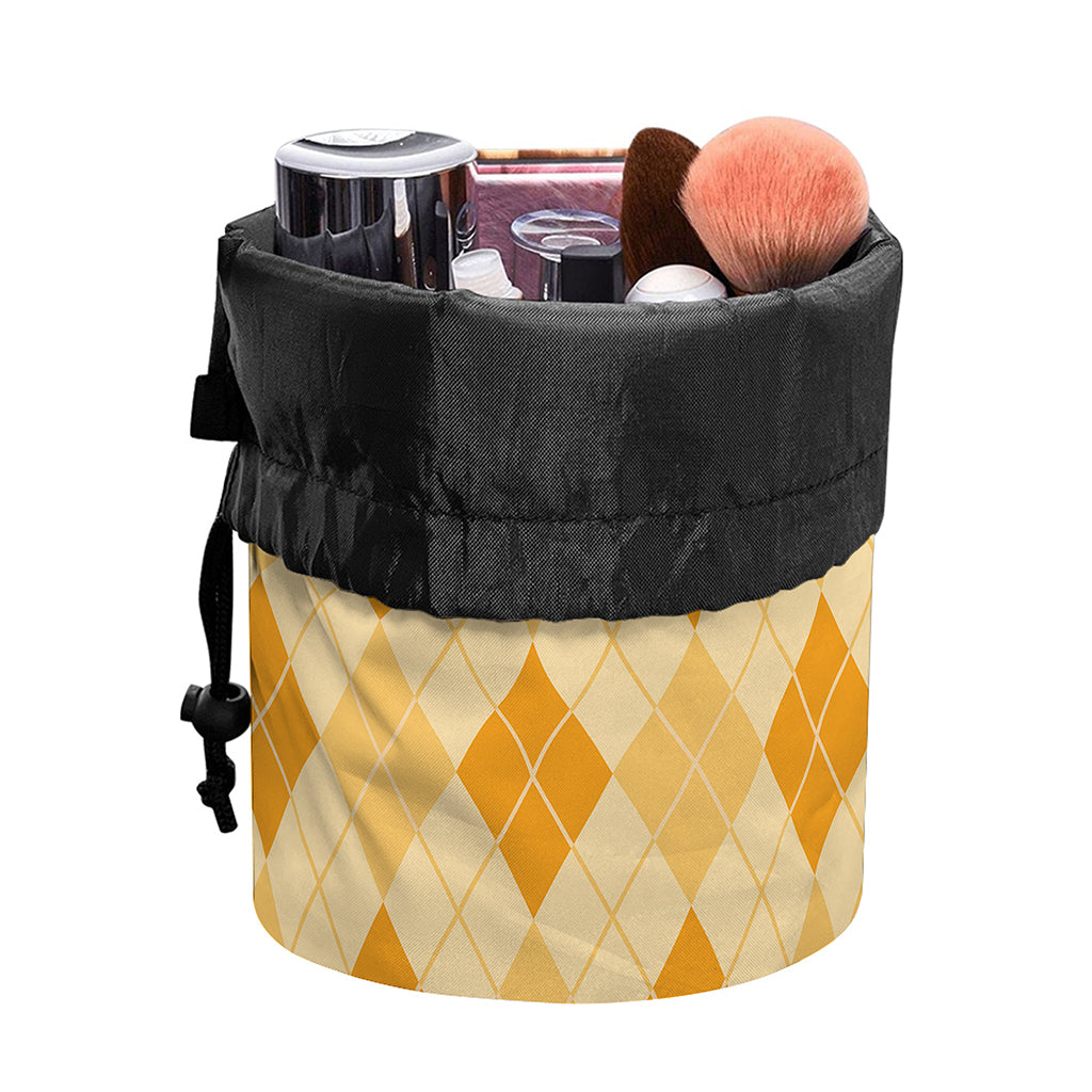 Orange Argyle Pattern Print Drawstring Makeup Bag