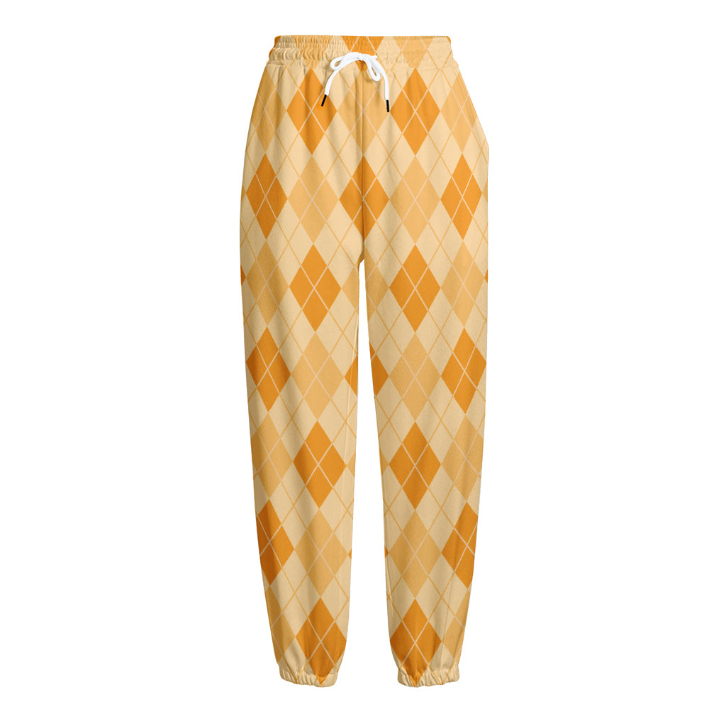 Orange Argyle Pattern Print Fleece Lined Knit Pants