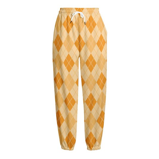 Orange Argyle Pattern Print Fleece Lined Knit Pants