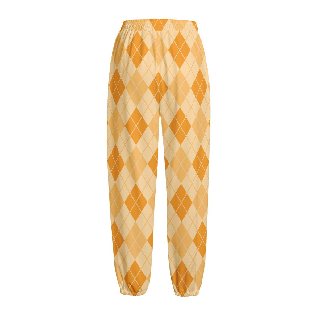 Orange Argyle Pattern Print Fleece Lined Knit Pants