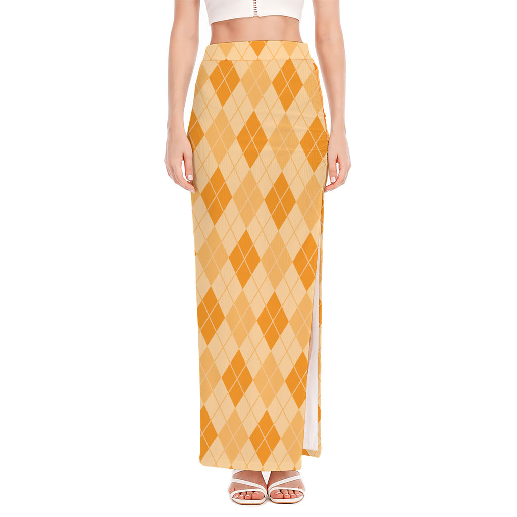 Orange Argyle Pattern Print High Slit Maxi Skirt