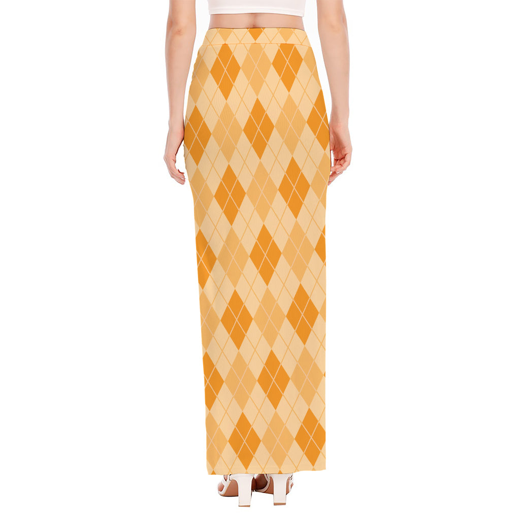Orange Argyle Pattern Print High Slit Maxi Skirt