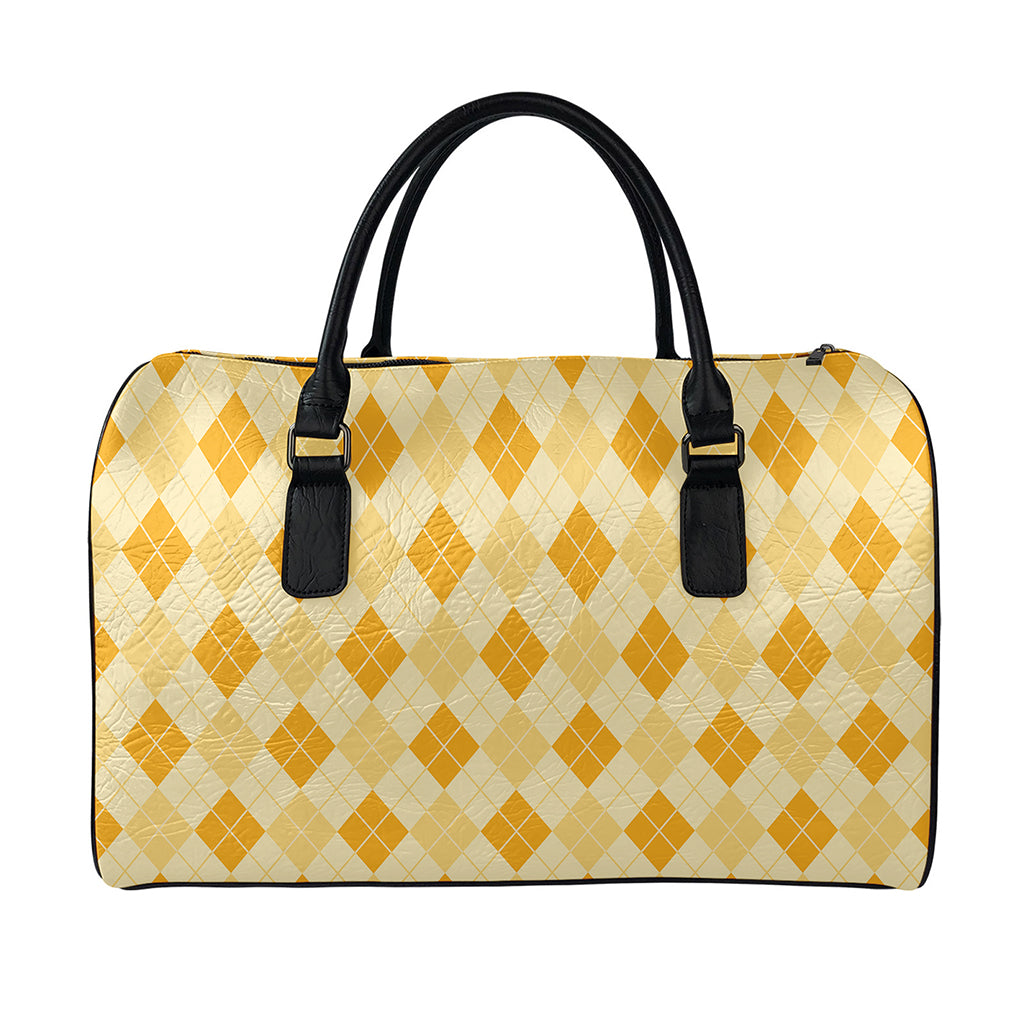 Orange Argyle Pattern Print Leather Duffle Bag