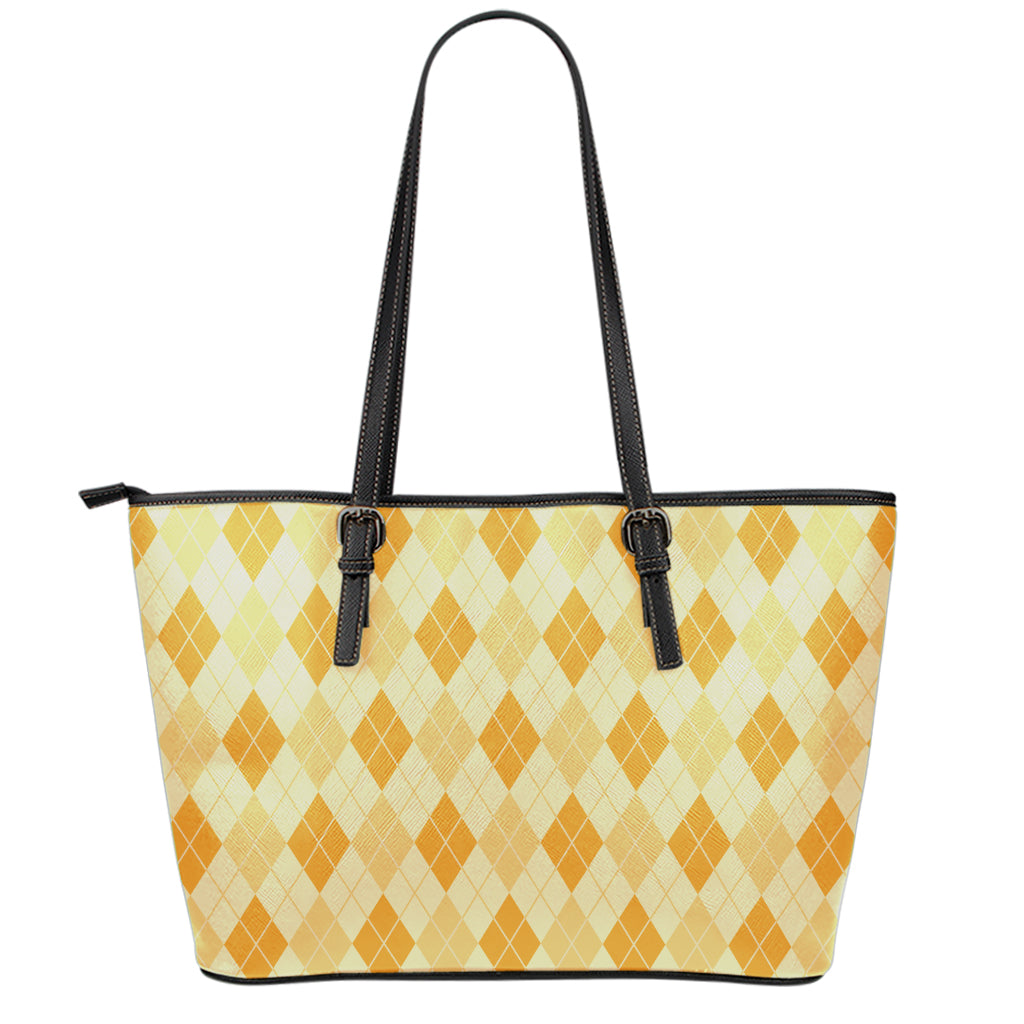 Orange Argyle Pattern Print Leather Tote Bag