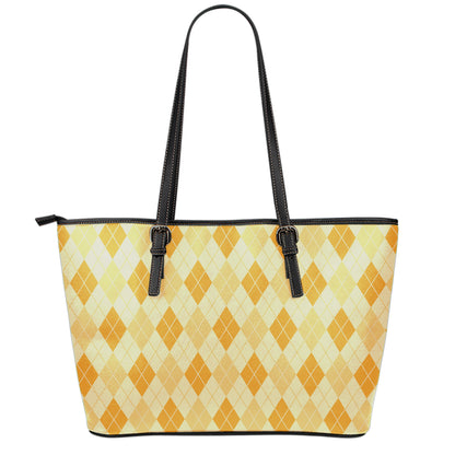 Orange Argyle Pattern Print Leather Tote Bag