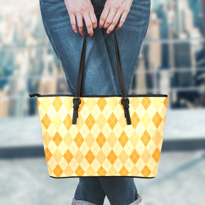 Orange Argyle Pattern Print Leather Tote Bag