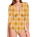 Orange Argyle Pattern Print Long Sleeve Swimsuit