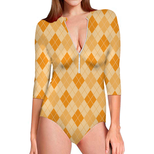 Orange Argyle Pattern Print Long Sleeve Swimsuit
