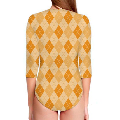 Orange Argyle Pattern Print Long Sleeve Swimsuit