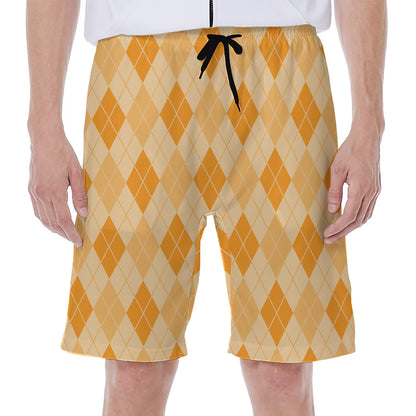 Orange Argyle Pattern Print Men's Beach Shorts