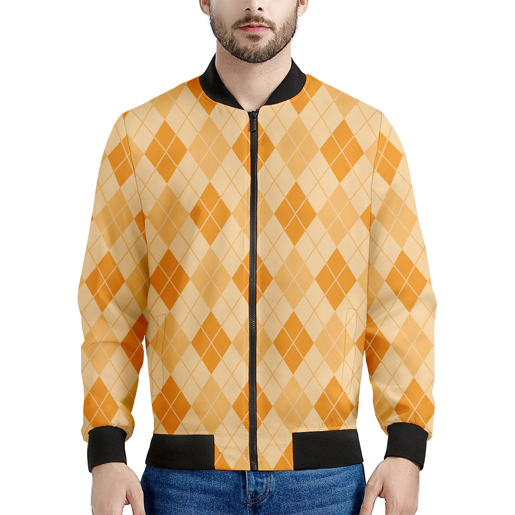 Orange Argyle Pattern Print Men's Bomber Jacket