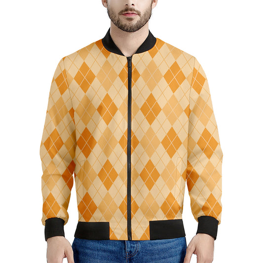 Orange Argyle Pattern Print Men's Bomber Jacket