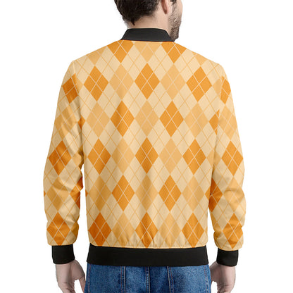 Orange Argyle Pattern Print Men's Bomber Jacket