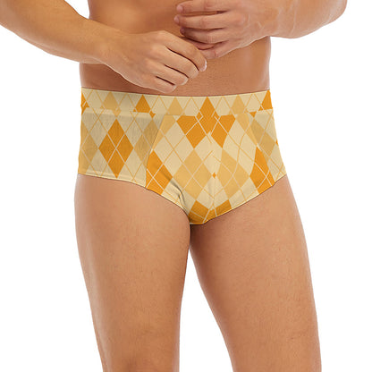 Orange Argyle Pattern Print Men's Briefs