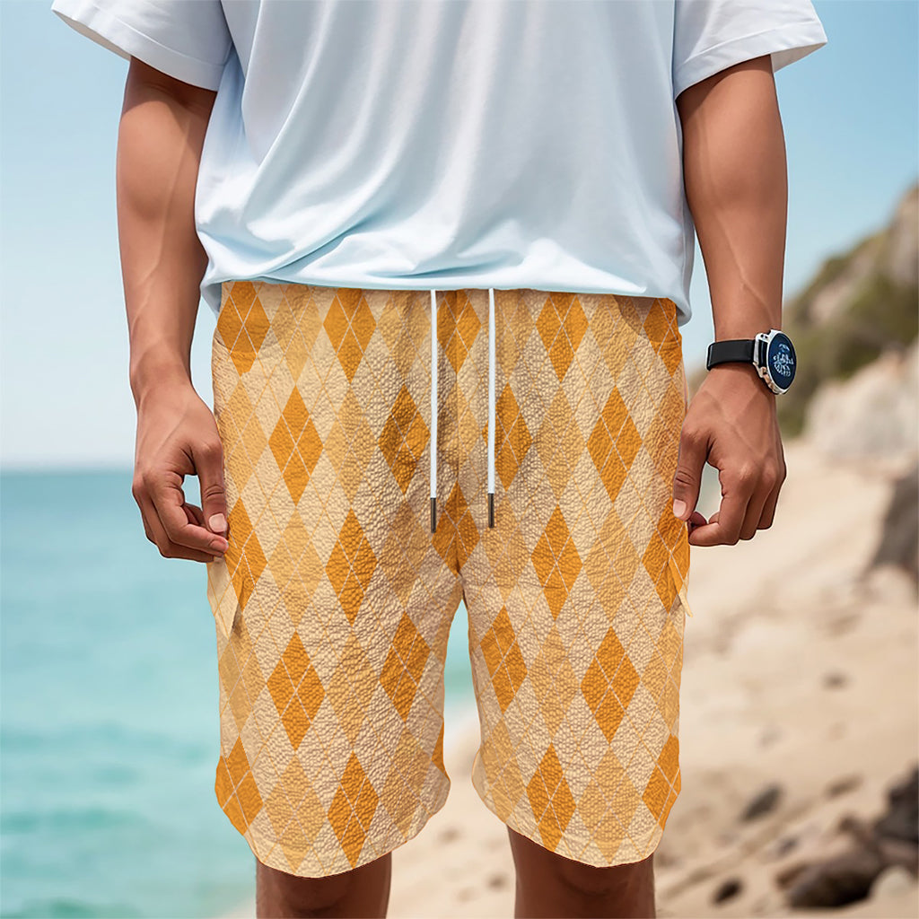 Orange Argyle Pattern Print Men's Cargo Shorts