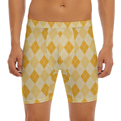 Orange Argyle Pattern Print Men's Long Boxer Briefs