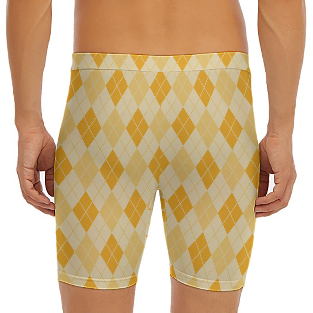 Orange Argyle Pattern Print Men's Long Boxer Briefs
