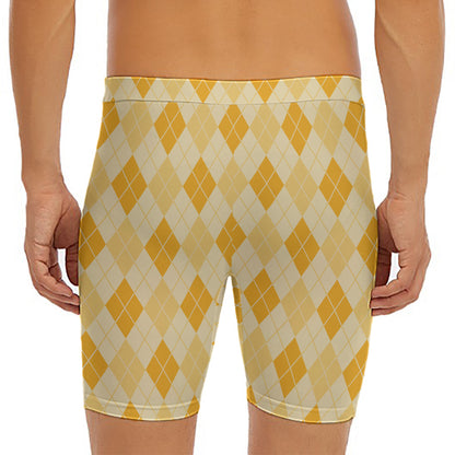 Orange Argyle Pattern Print Men's Long Boxer Briefs