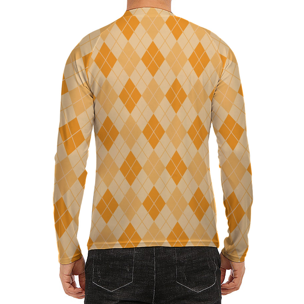 Orange Argyle Pattern Print Men's Long Sleeve Rash Guard