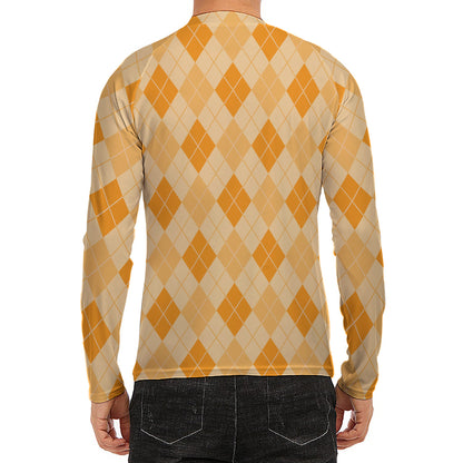 Orange Argyle Pattern Print Men's Long Sleeve Rash Guard
