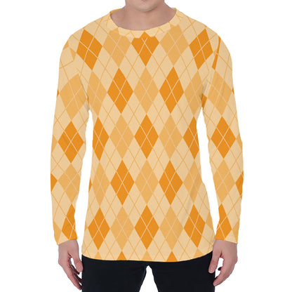 Orange Argyle Pattern Print Men's Long Sleeve T-Shirt