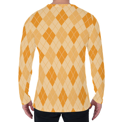 Orange Argyle Pattern Print Men's Long Sleeve T-Shirt