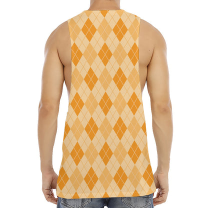 Orange Argyle Pattern Print Men's Muscle Tank Top