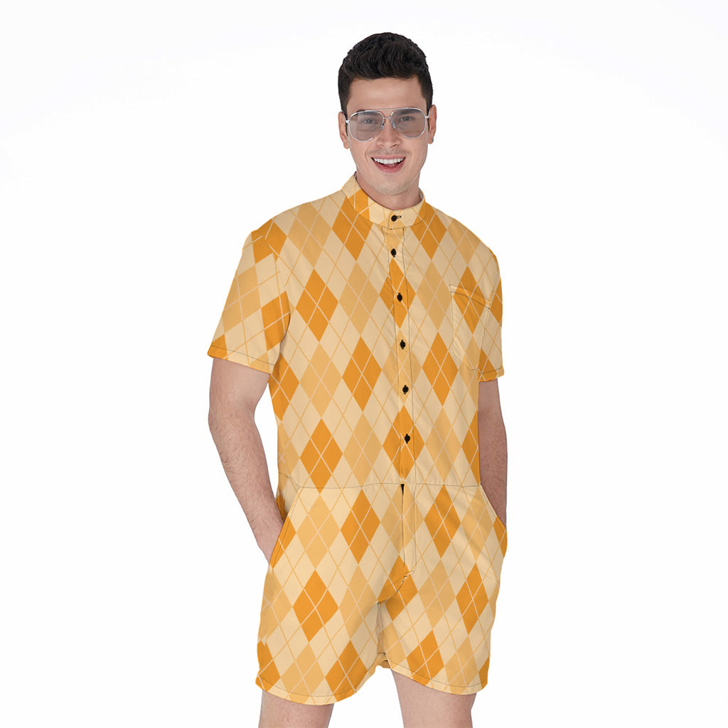 Orange Argyle Pattern Print Men's Rompers