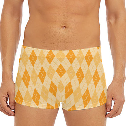Orange Argyle Pattern Print Men's Short Boxer Briefs