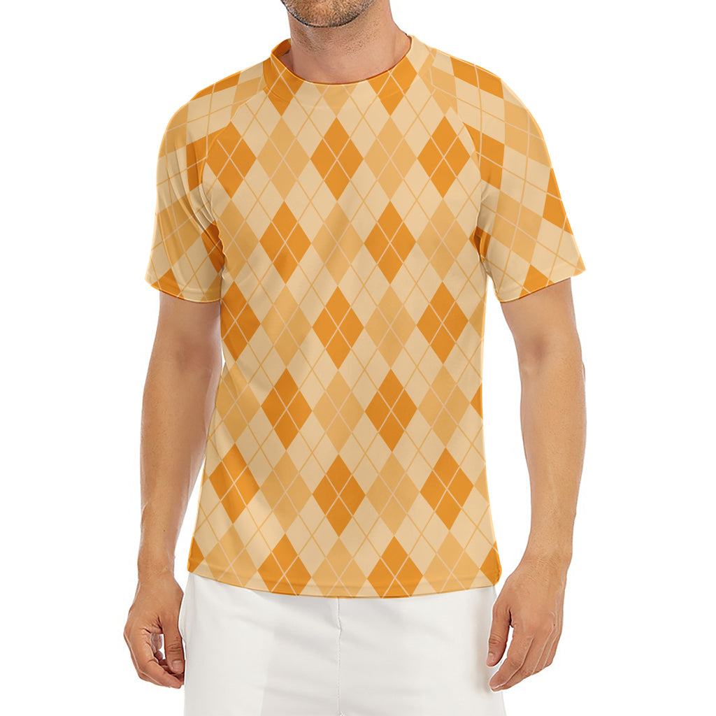 Orange Argyle Pattern Print Men's Short Sleeve Rash Guard