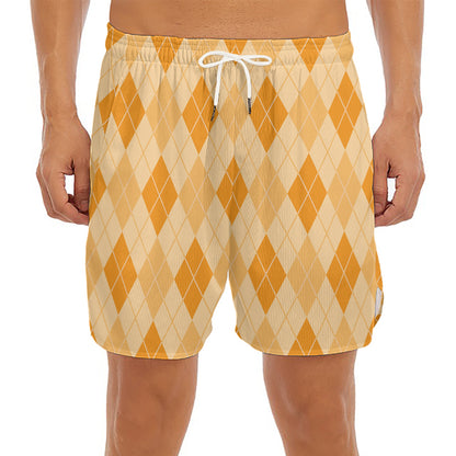 Orange Argyle Pattern Print Men's Split Running Shorts